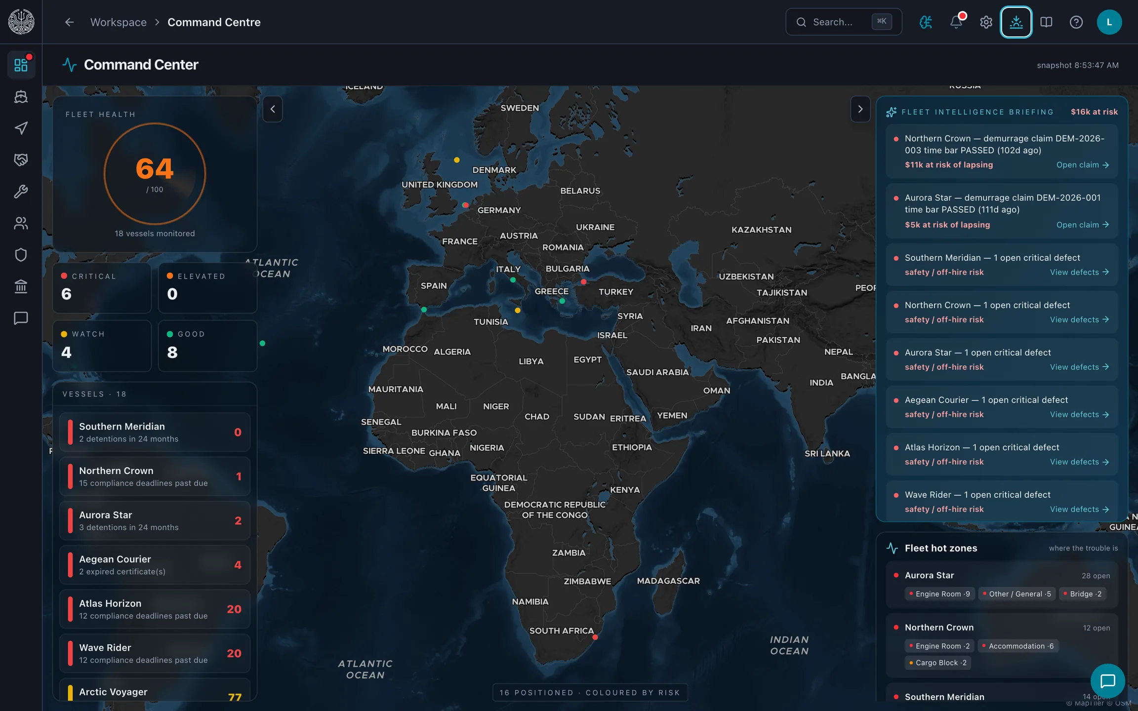 The Command Centre: a world map of the fleet coloured by risk, a fleet-health score of 64 out of 100, a vessel list ranked by risk, and a fleet-intelligence briefing of demurrage claims and critical defects.